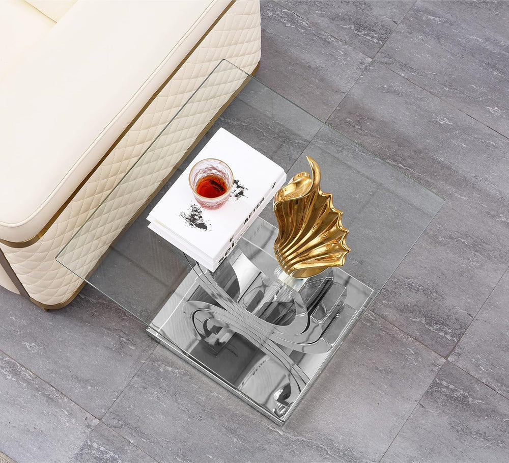 SSLine 1 Piece Living Room End Table Luxury Glass Side Table, Modern Silver E...