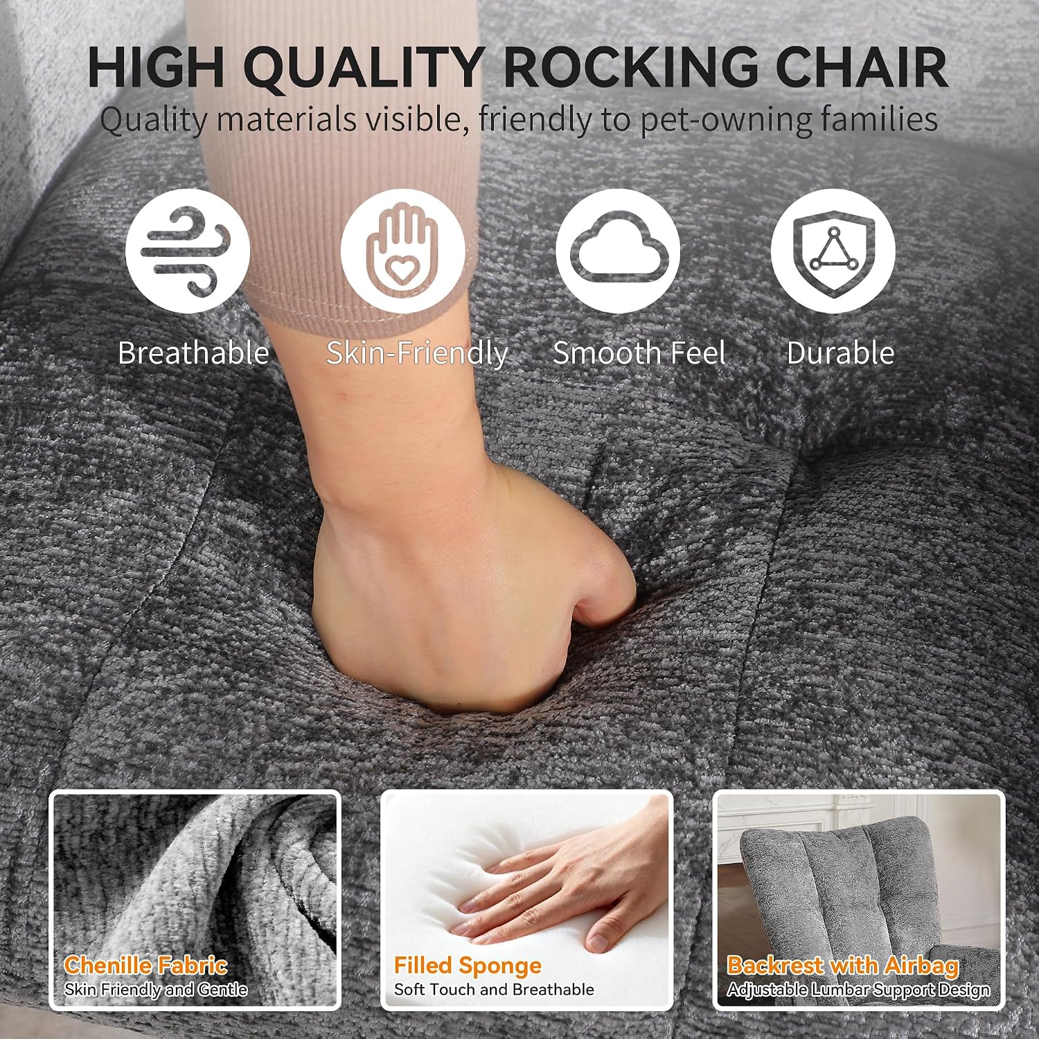 Rocking Chair with Airbag, Comfy Modern Reading & Nursing Nursery Rocking Chair Indoor, Cozy Upholstered Glider Rocker Chairs for Living Room Bedroom Offices, (Chenille, Dark Grey)