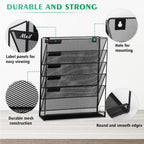 EASEPRES Desk File Organizer Mesh 6-Tier, Hanging Wall Mount Document Organization Stand, Desktop Vertical Mail Paper Folder Holder Rack with Bottom Tray for Office Home Cubicle Countertop, Black