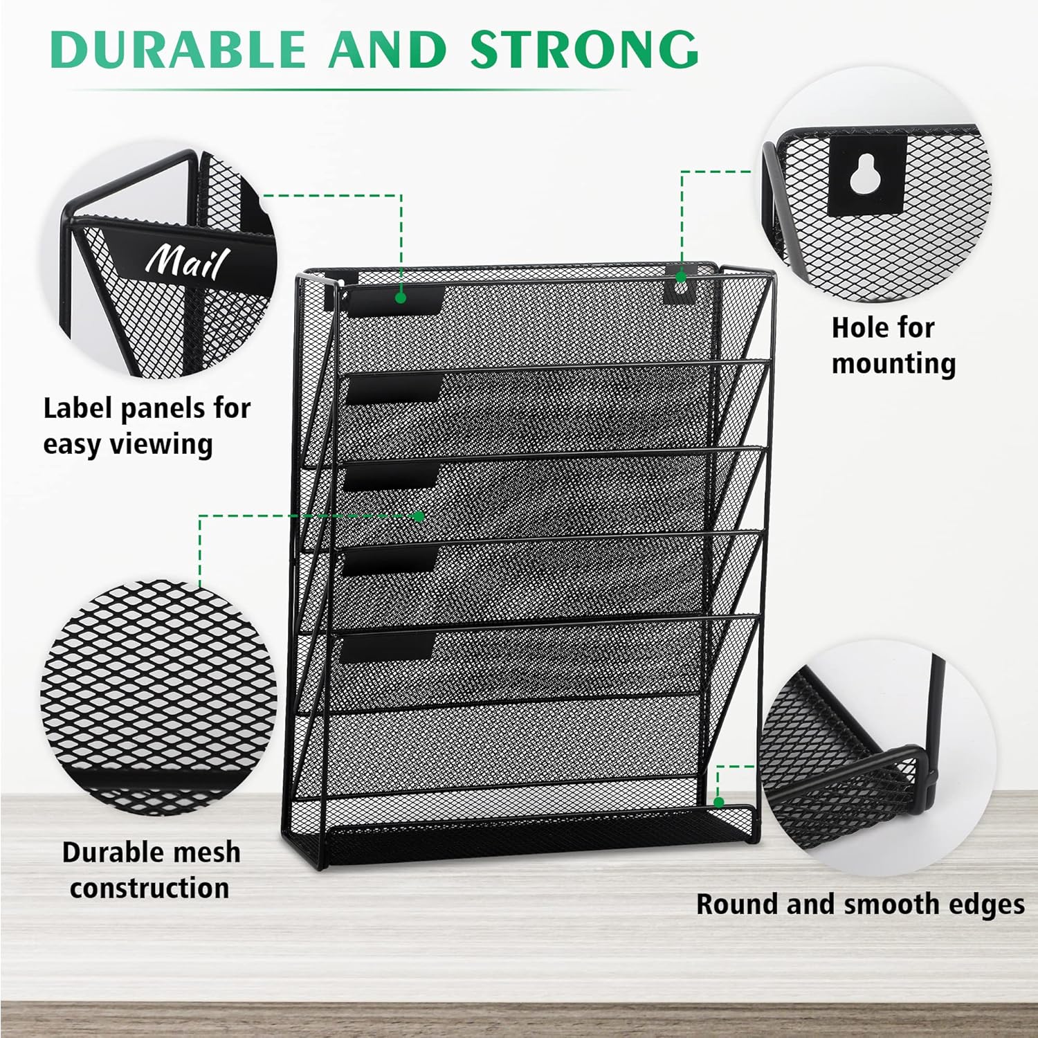 EASEPRES Desk File Organizer Mesh 6-Tier, Hanging Wall Mount Document Organization Stand, Desktop Vertical Mail Paper Folder Holder Rack with Bottom Tray for Office Home Cubicle Countertop, Black
