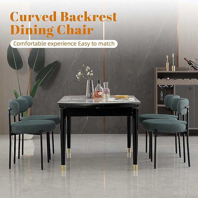 DYHOME Green Dining Chairs Set of 2, Mid-Century Modern Dining Chairs, Kitchen Dining Room Chairs, Curved Backrest Round Upholstered Boucle Sherpa Dining Chair with Black Metal Legs