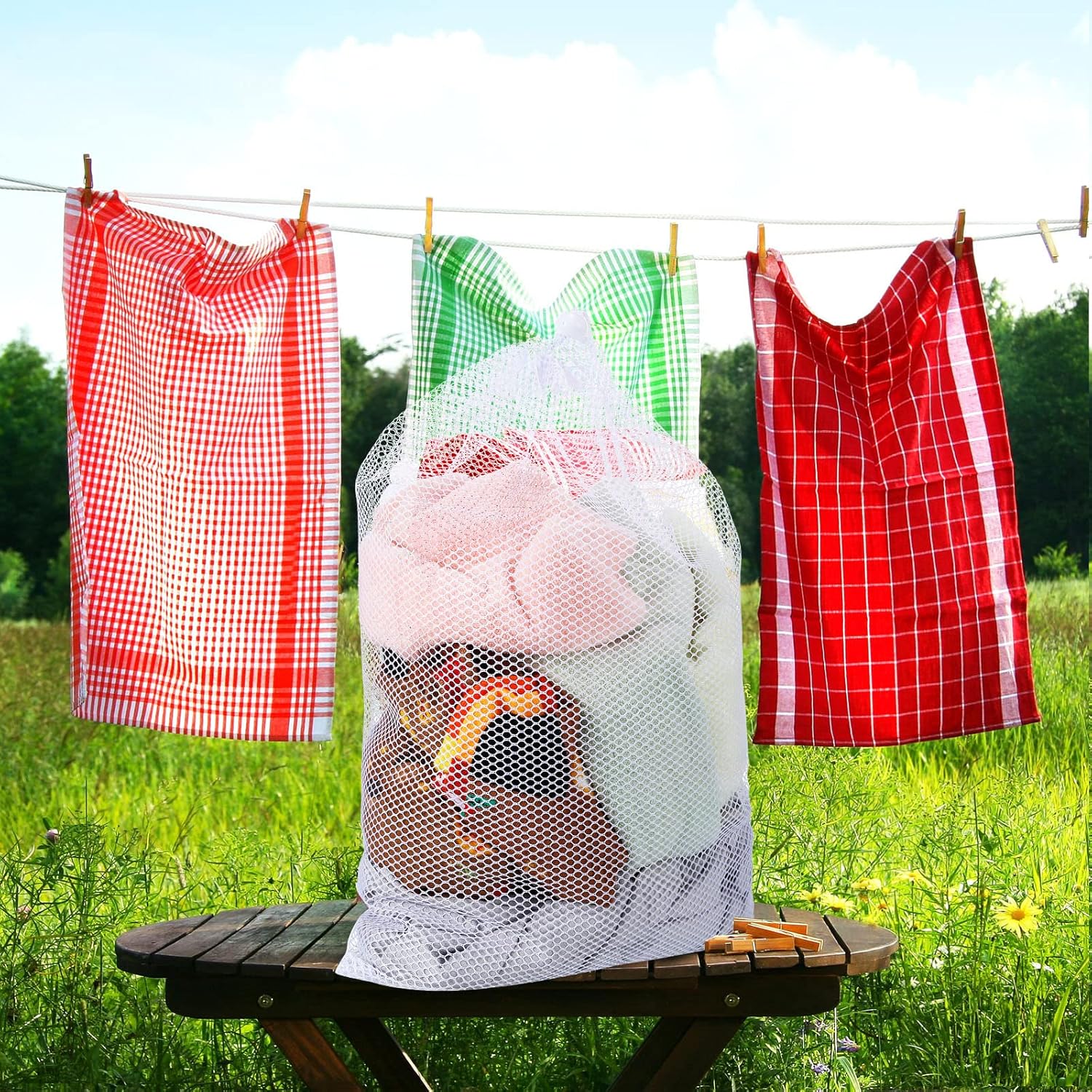 TecUnite 10 Pcs Mesh Bags Drawstring Laundry Bags Large Nylon Mesh Gift Dishwasher Bag with Sliding Drawstring for Kitchen Jewelry Gifts Wedding Favor Home(24 x 36 Inch,White)