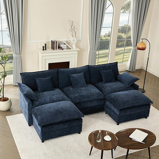 108" U Shaped Couch, Modular Sectional Sofa, 3-Seater Comfy Cloud Couch, Set of Modular Pieces with Movable Ottoman, Deep Seat Couches for Living Room, Chenille, Navy