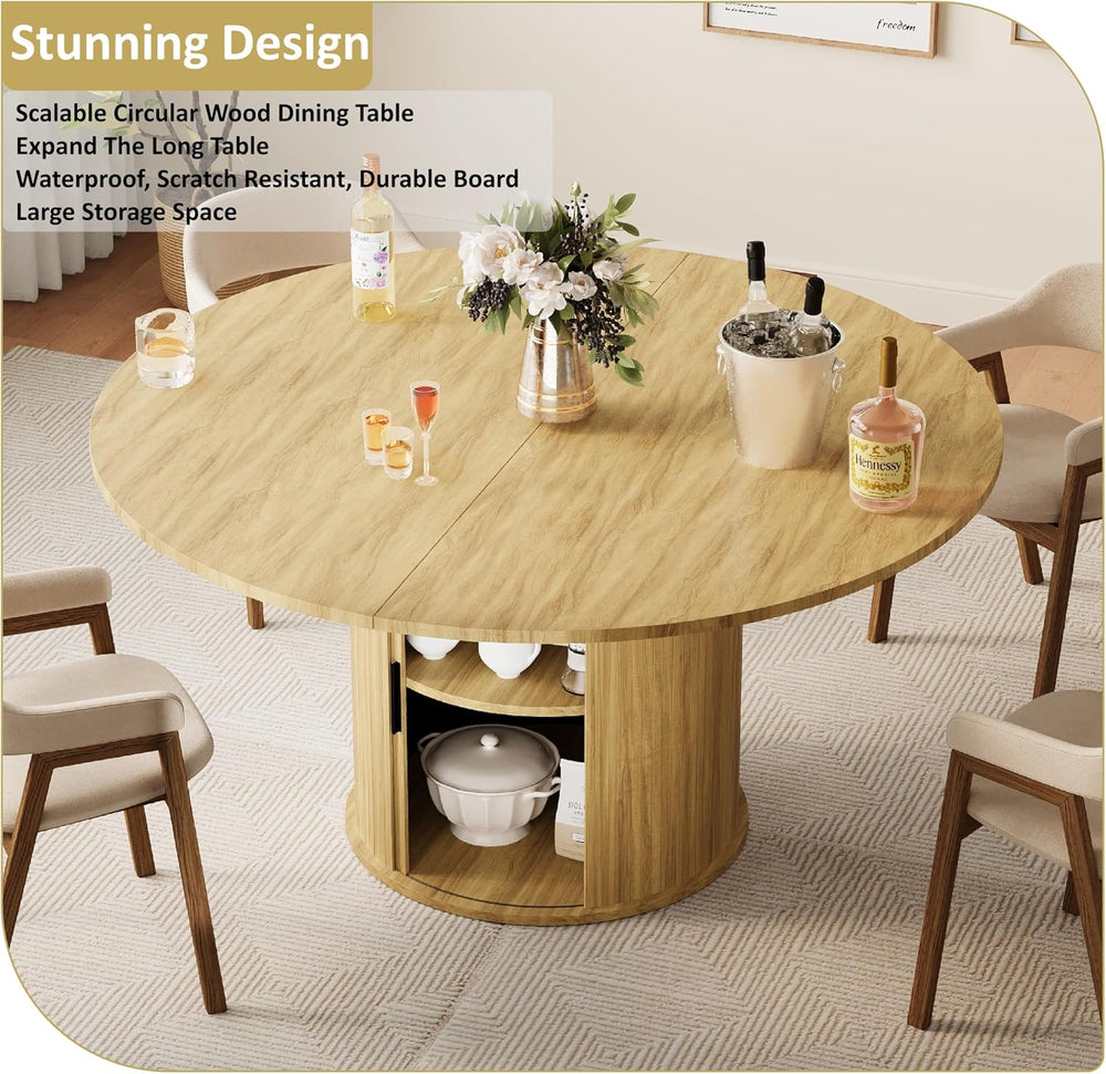 Dining Table for 4-6,59“Extendable Round Dining Room Kitchen Table with Stora...