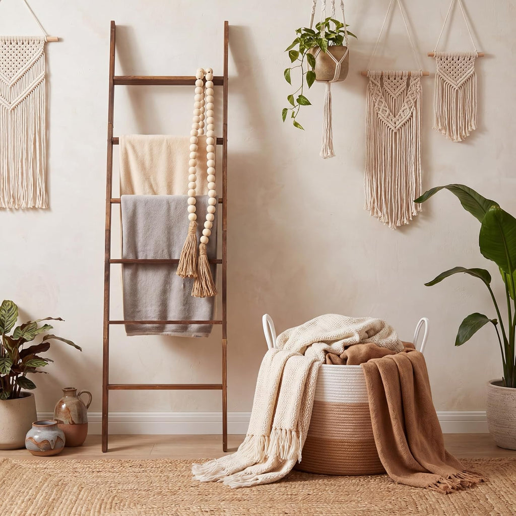 Novabright 3 Pcs Farmhouse Living Room Decoration Set with 5.6 Ft Wooden Blanket Ladder 20 x 13 Inches Large Woven Blanket Basket 58 Inches Wood Bead Garland with Tassels for Bedroom Home Decor