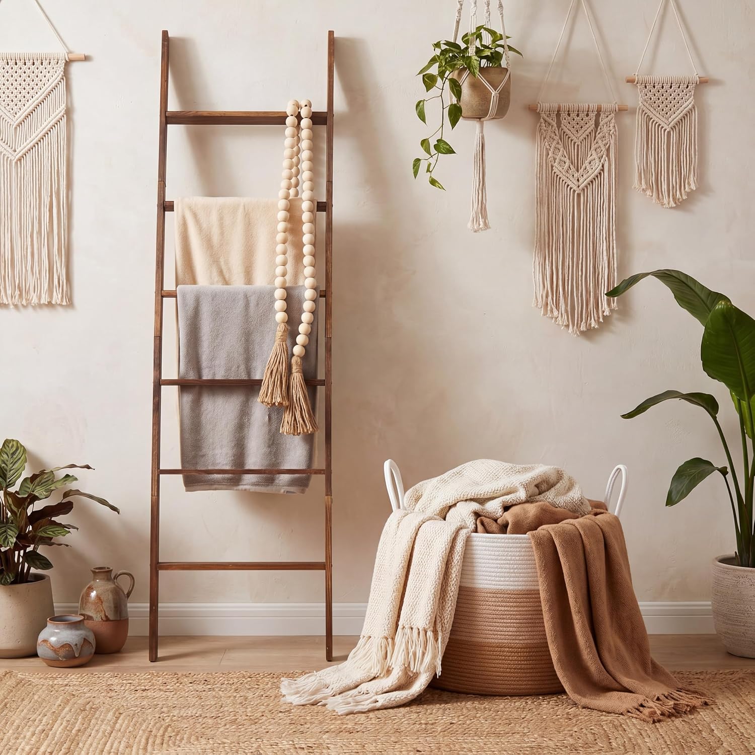 Novabright 3 Pcs Farmhouse Living Room Decoration Set with 5.6 Ft Wooden Blanket Ladder 20 x 13 Inches Large Woven Blanket Basket 58 Inches Wood Bead Garland with Tassels for Bedroom Home Decor