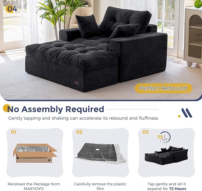 MAXYOYO Modular Sectional Chaise Lounge Sofa, Upholstered Lounge Chair with Ottoman, Comfy Couch with Layered Cushion, Tufted Upholstered Sleeper Chair for Living Room, No Assembly, Black