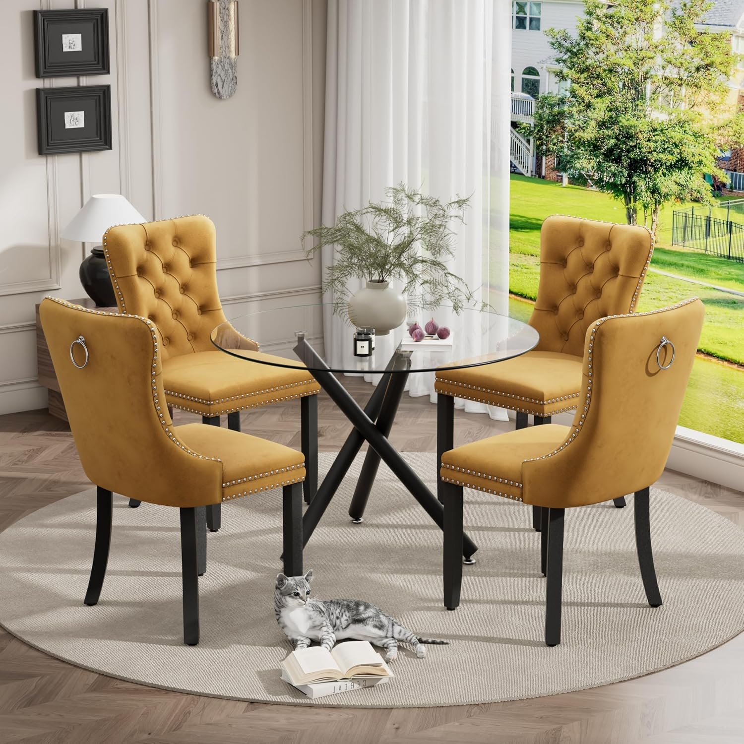 Modern Luxury Round Glass Dining Set for 4, 5 Pcs Small Minimalist Circle Kitchen Table Set, 36'' Clear Circular Glass Top Dinner Room Set, Yellow High-end Tufted Chairs, for Apartment (Black)