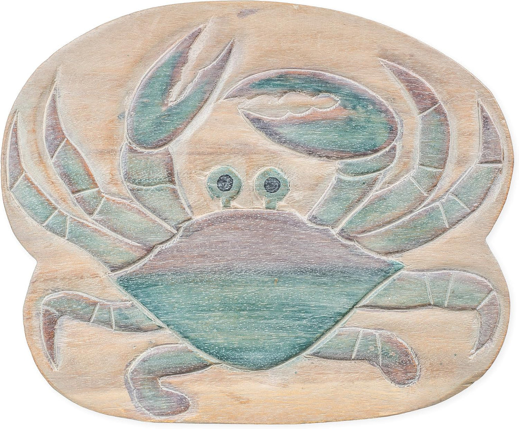Sea Island Imports Blue Crab Design Hand Carved Acacia Hardwood Decorative Short Stool