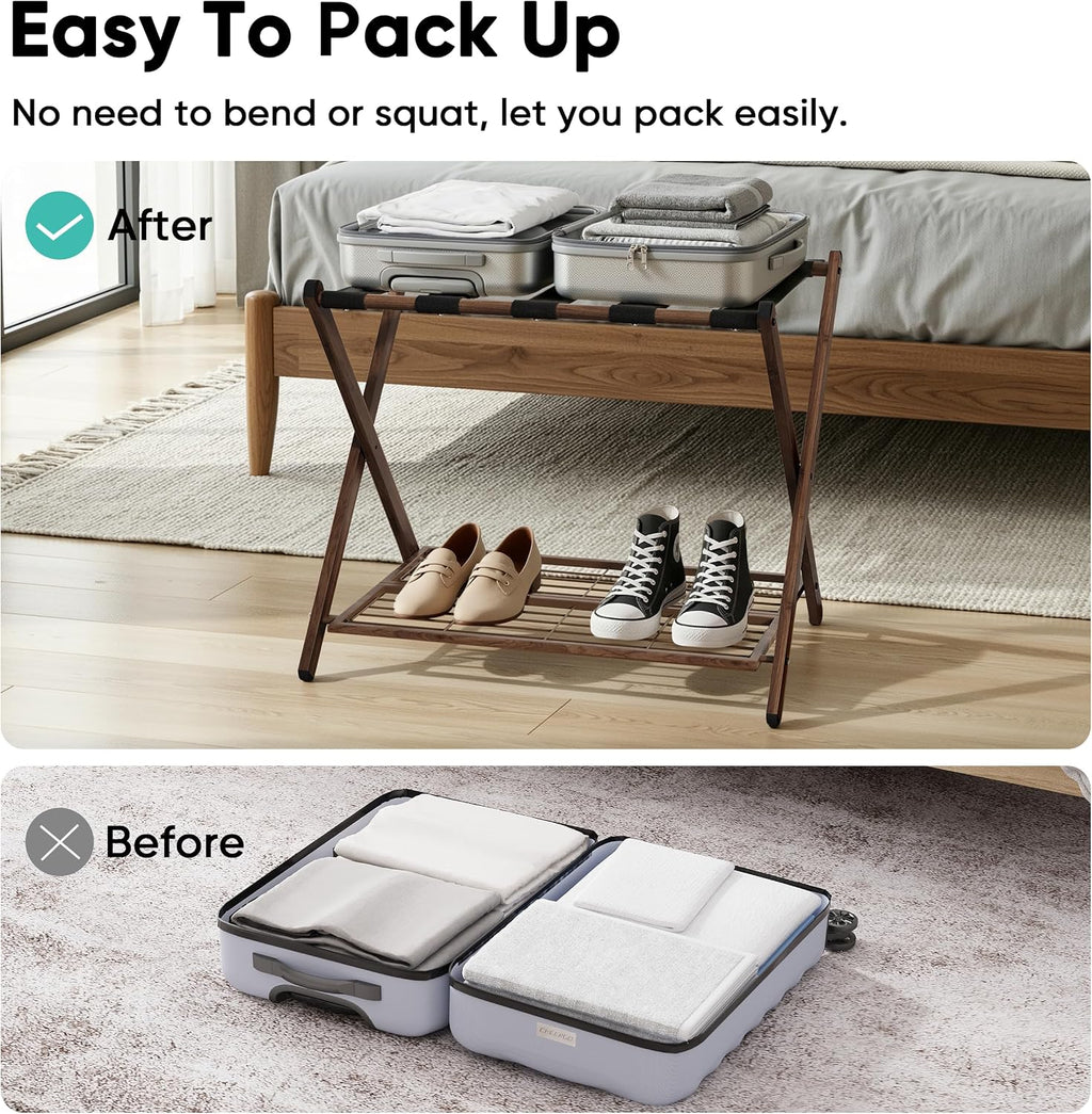 Smuxee Fully Assembled Walnut Grain Luggage Rack set of 2, Foldable Iron Suitcase Stand with 5 Nylon Straps, Luggage Holder with Shelf for Guest Room Bedroom Hotel