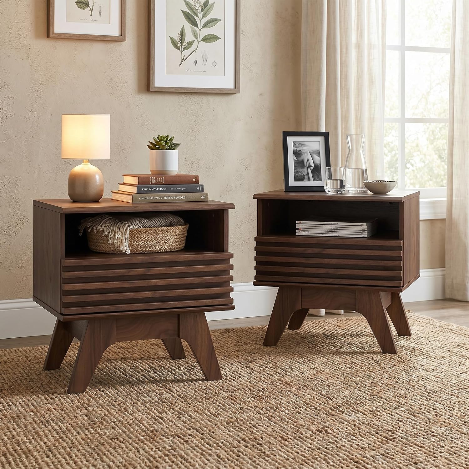 AODK 19 Inch Wide Fluted Nightstand Set of 2 with Drawer, Dark Walnut | Open Storage Shelf, Smooth Metal Slides, 4 Stable Legs, Mid Century Modern Style for Bedroom and Living Room