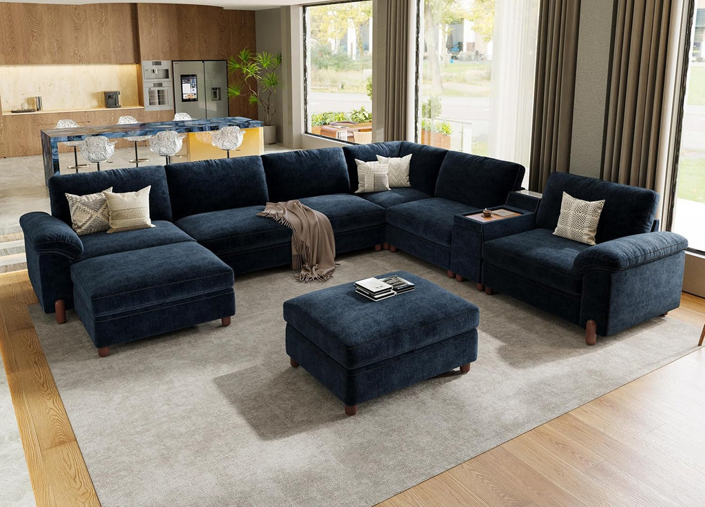 Cloud Couch Sectional, 6 Seater with Console, Chenille in Navy Blue | Detachable and Washable Cover, Sectional Sofas for Living Room, Deep Seat Wide Couch with Chaise, Storage Ottoman