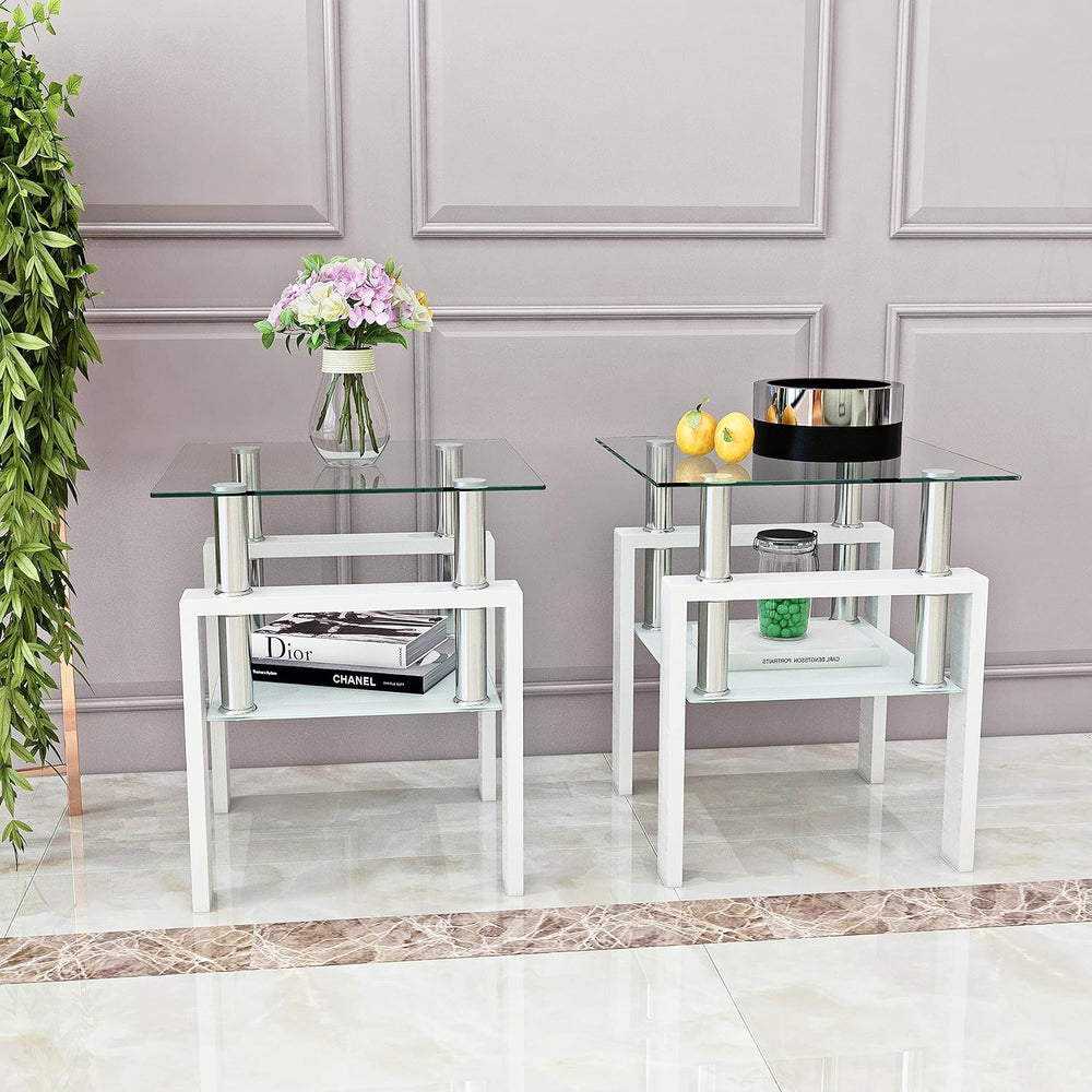 BIGTO 2 Pcs Tempered Glass Side Table, End Table for Living Room, Sofa Table ...