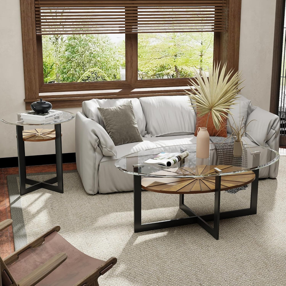 LEEMTORIG Round Glass End Table for Living Room, 23.8" Dia. x 24.4"...