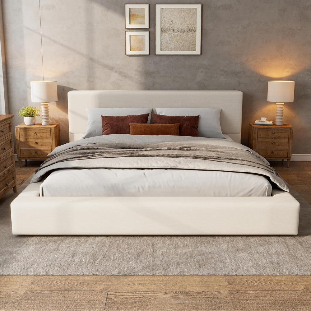 Merax King Size Bed Frame, 95" L x 88" W Upholstered Platform Bed w...