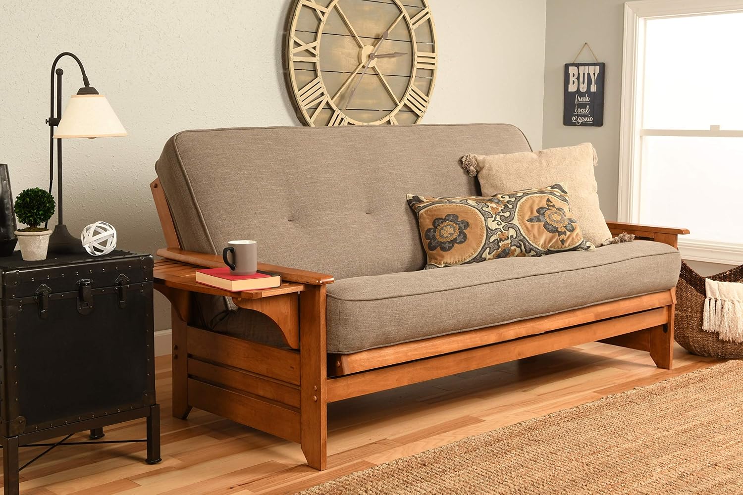 Kodiak Phoenix Futon Sofa Bed with Wooden Frame and Linen Stone Mattress, Convertible Futon Couch Bed and Full Size Futon for Living Room, Barbados
