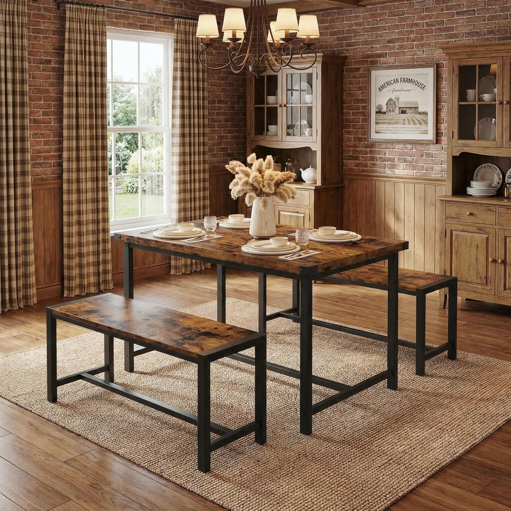 GAOMON Dining Table Set for 4, Wooden Kitchen Table with 2 Benches, 3 Piece R...