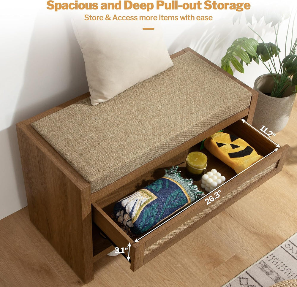 SICOTAS Rattan Shoe Bench Entryway Bench with Storage Drawer, Linen Cushion |...