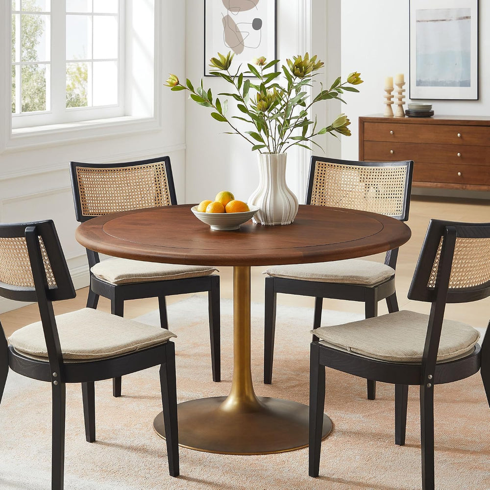 Modway Lippa 48 Inch Round Wood Dining Table with Metal Pedestal in Brass Wal...