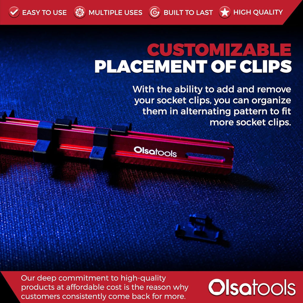 Olsa Tools 3/8-Inch Drive Aluminum Socket Organizer with Locking End Caps | Professional Quality Socket Holder (RED)