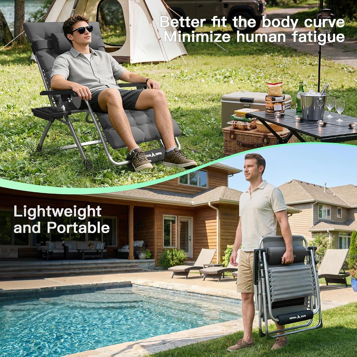 Oversized Zero Gravity Padded Chair XXL 33In Reclining Camping Lounge Chair | w/Removable Cushion & Headrest & Upgraded Lock & Footrest & Cup Holder Foldable Recliner for Indoor Outdoor,500LBS Capacity