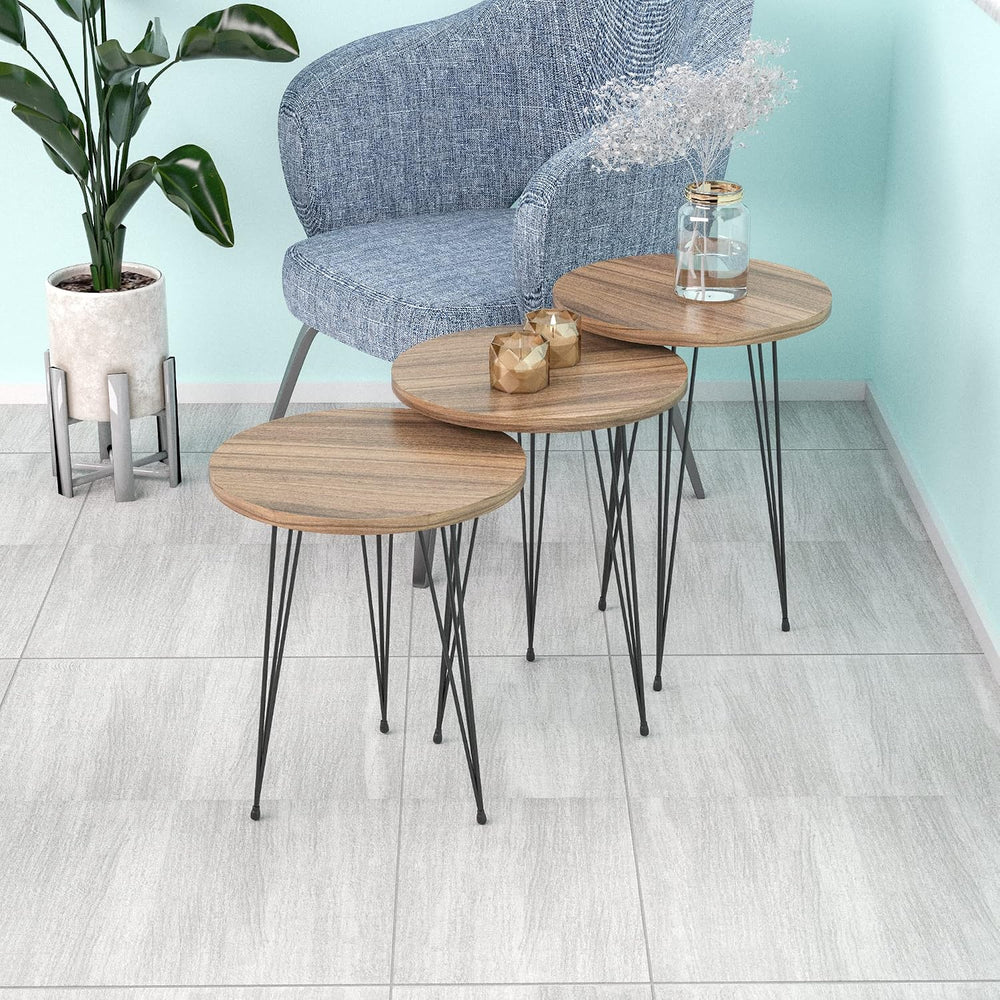 Round Nesting Set of 3, Modern Woodgrain Look Base for Living Room Coffee Tab...