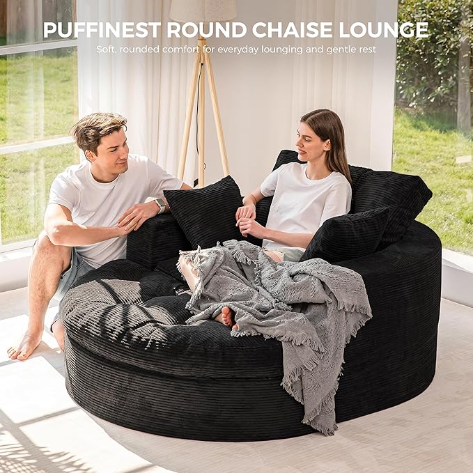 MAXYOYO Modular Sectional Chaise Lounge Sofa, Round Upholstered Lounge Chair with Ottoman, Comfy Couch with Layered Cushion, Tufted Sleeper Chair for Living Room, No Assembly, Black