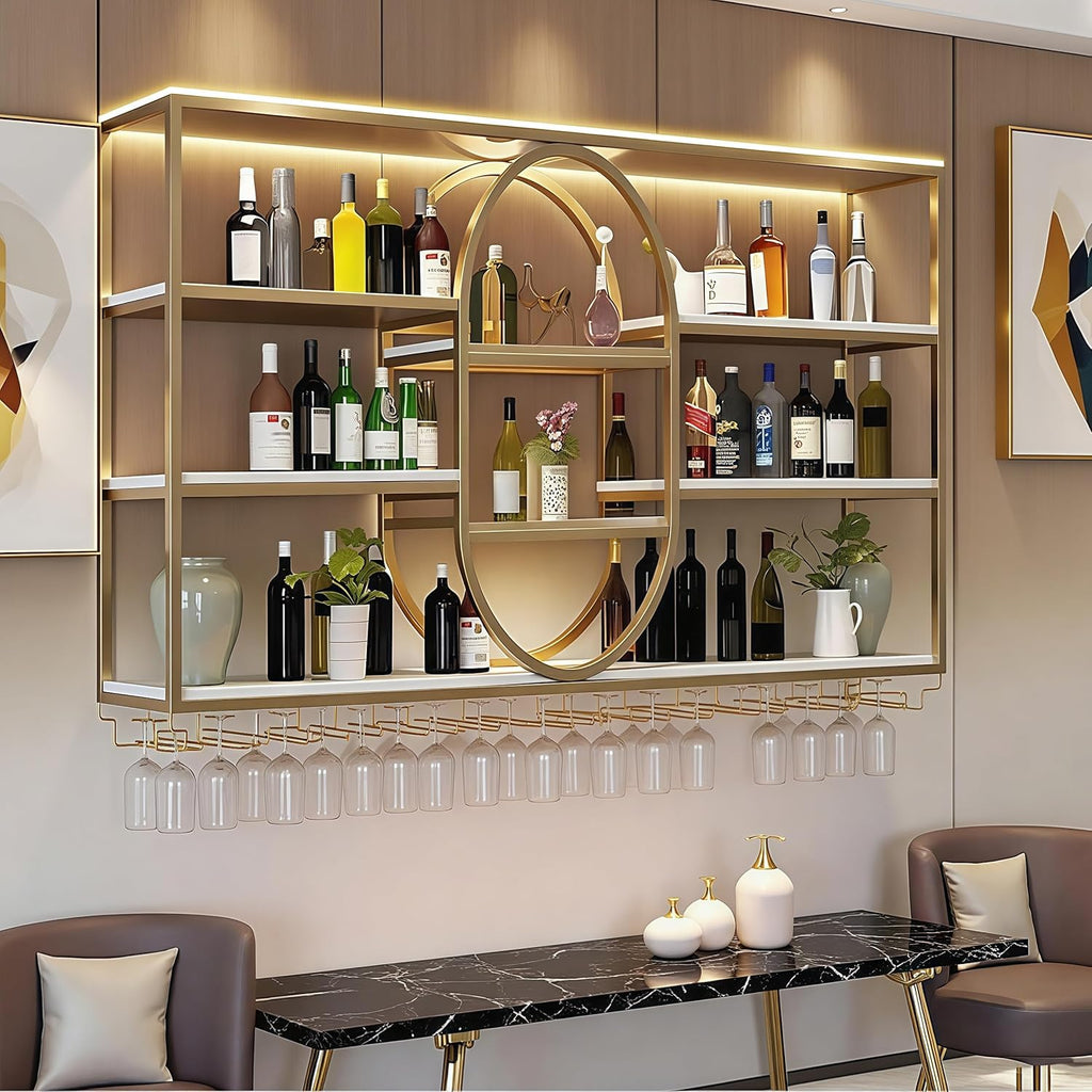 47.2IN Large Wall Mount Wine Rack, Metal 4 Tier Hanging Bottle Holder with Wine Glass Storage Racks, Modern Floating Wine Shelves for Home Bar Dining Room Decoration (Gold)