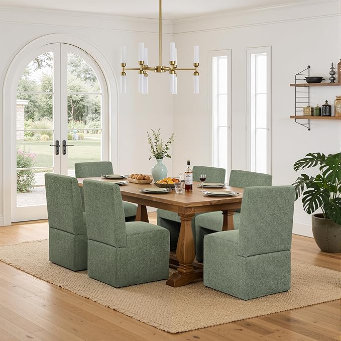 Green Upholstered Dining Chairs Set of 4, Kitchen & Dining Room Chairs, Mid Century Modern Chairs, Linen Dining Chairs with Wooden Frame, Fabric