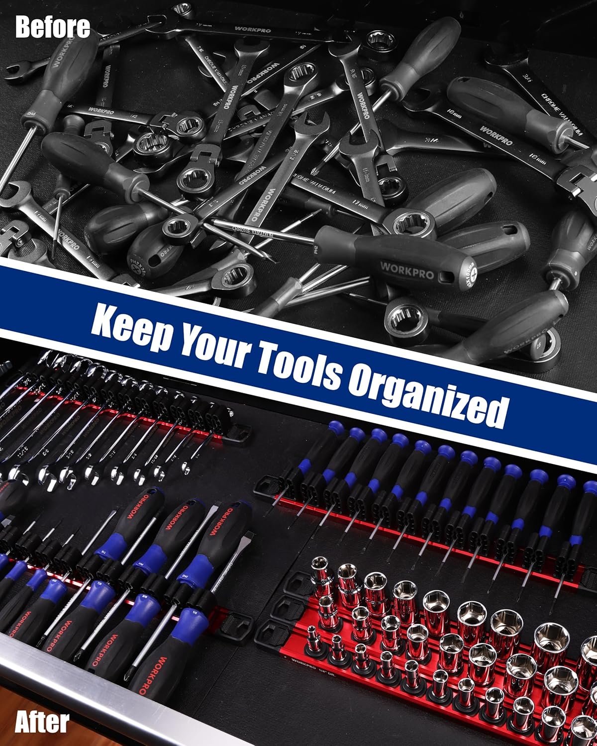 WORKPRO 6-Piece Magnetic Socket Organizer and Magnetic Screwdriver Organizer Set, 3-Piece 1/4", 3/8" & 1/2" Drive Metric & SAE Socket Rail, 3-Piece Screwdriver and Wrench Holder(Sockets not Included)