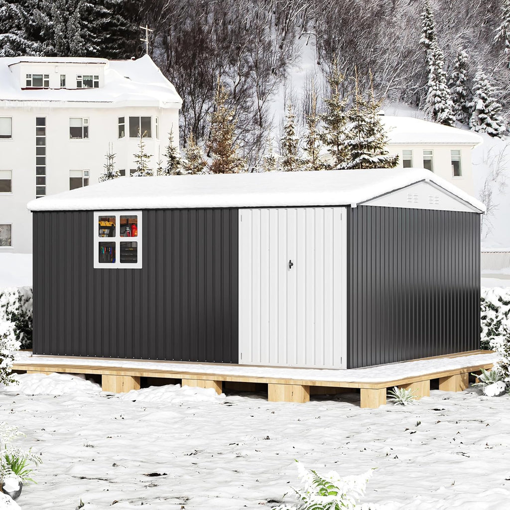 Polar Aurora 12X14 FT Outdoor Storage Shed with Windows, Metal Garden Shed with Updated Lockable Doors and Frame Structure, Large Tool Sheds for Backyard Garden Patio Lawn,Black