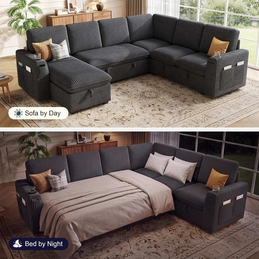 Sectional Sleeper Sofa with Pull Out Bed, Plush Corduroy 7 Seat Modular Secti...