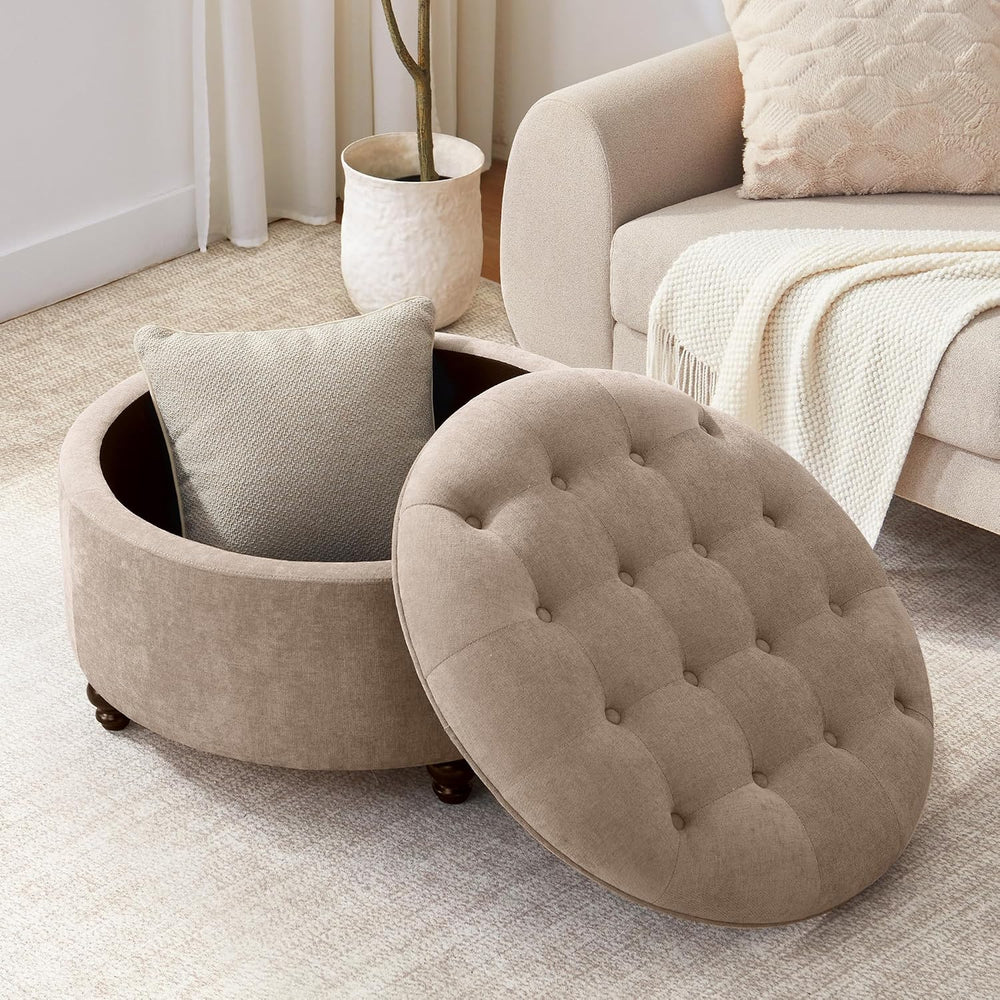 HUIMO 30-Inch Round Storage Ottoman, Button Tufted Coffee Table(Brown) | Otto...