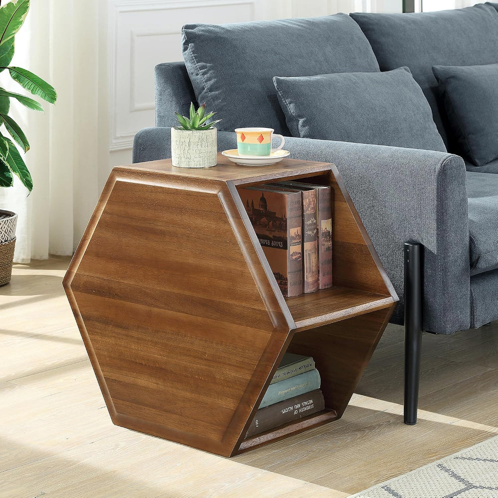 LEEMTORIG Hexagonal Narrow Solid Wood End Table, Multi Purpose Coffee Table w...