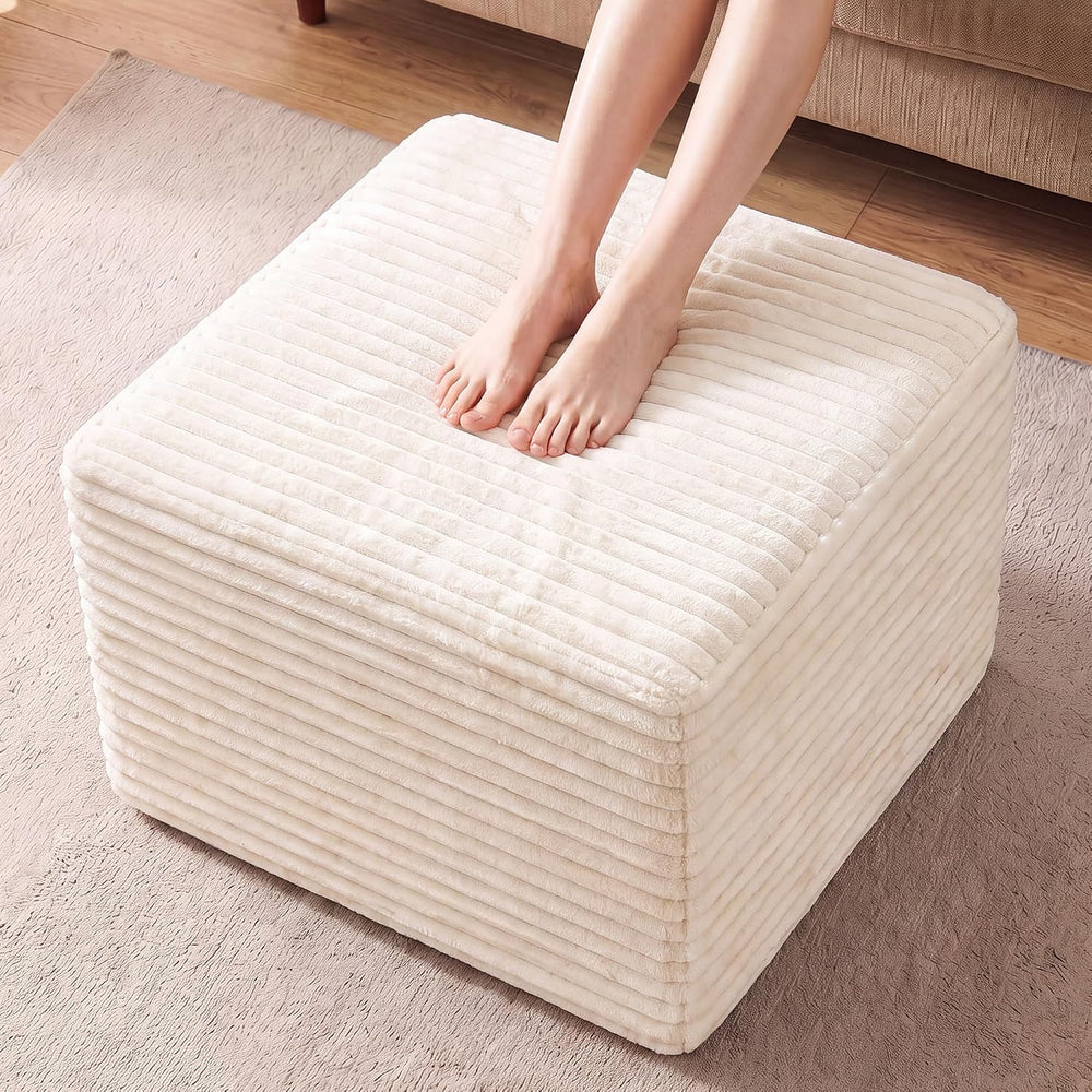 23in Square Pouf Ottoman, Large Corduroy Ottoman Foot Rest with Solid High-De...