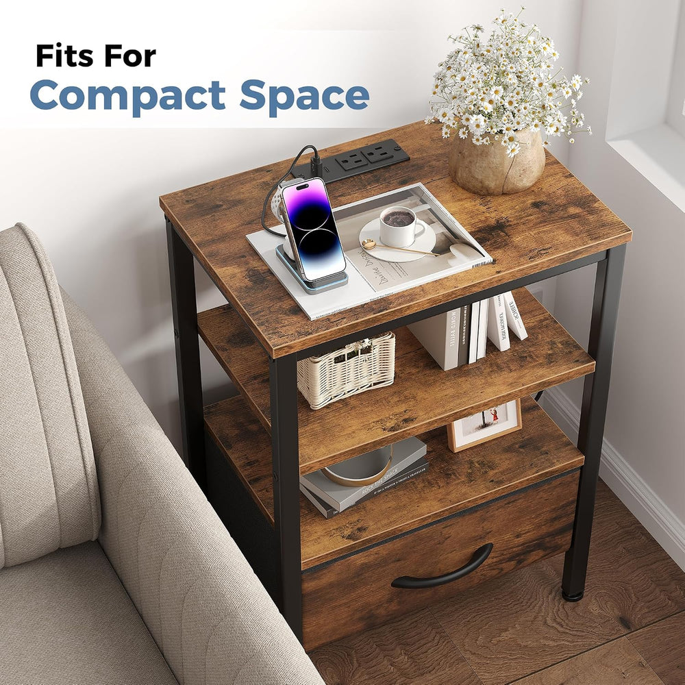 OLIXIS Nightstand with Charging Station, Beside Table with Fabric Drawer | 3-...