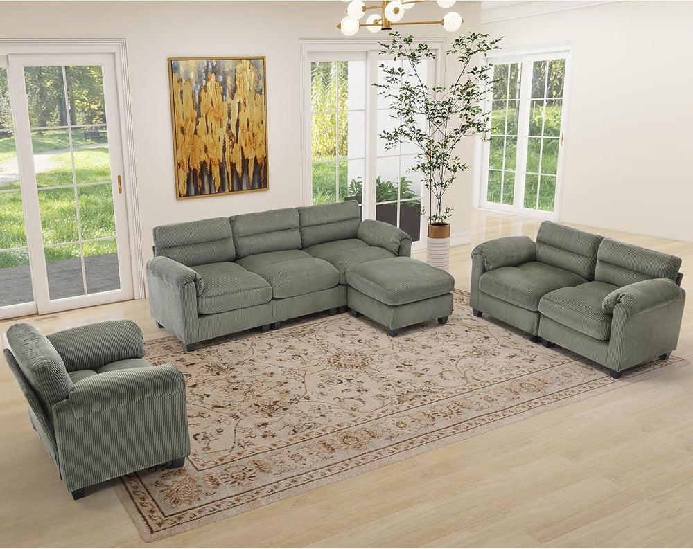 HAOMARKETS Corduroy Sofa Set, Upholstered Ottoman Footrest, Modern Living Roo...