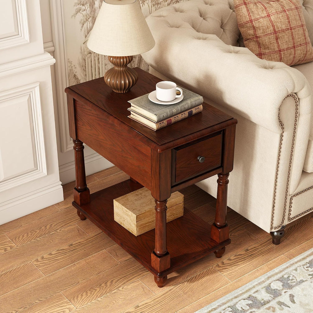 Set of 2 Narrow End Table with Drawer, 2-Tier Tables-Cherry Walnut | Skinny End Table with Storage Shelf, Small Nightstand, Tiny Sofa Side Table for Living Room, Wooden Nightstand for Bedroom