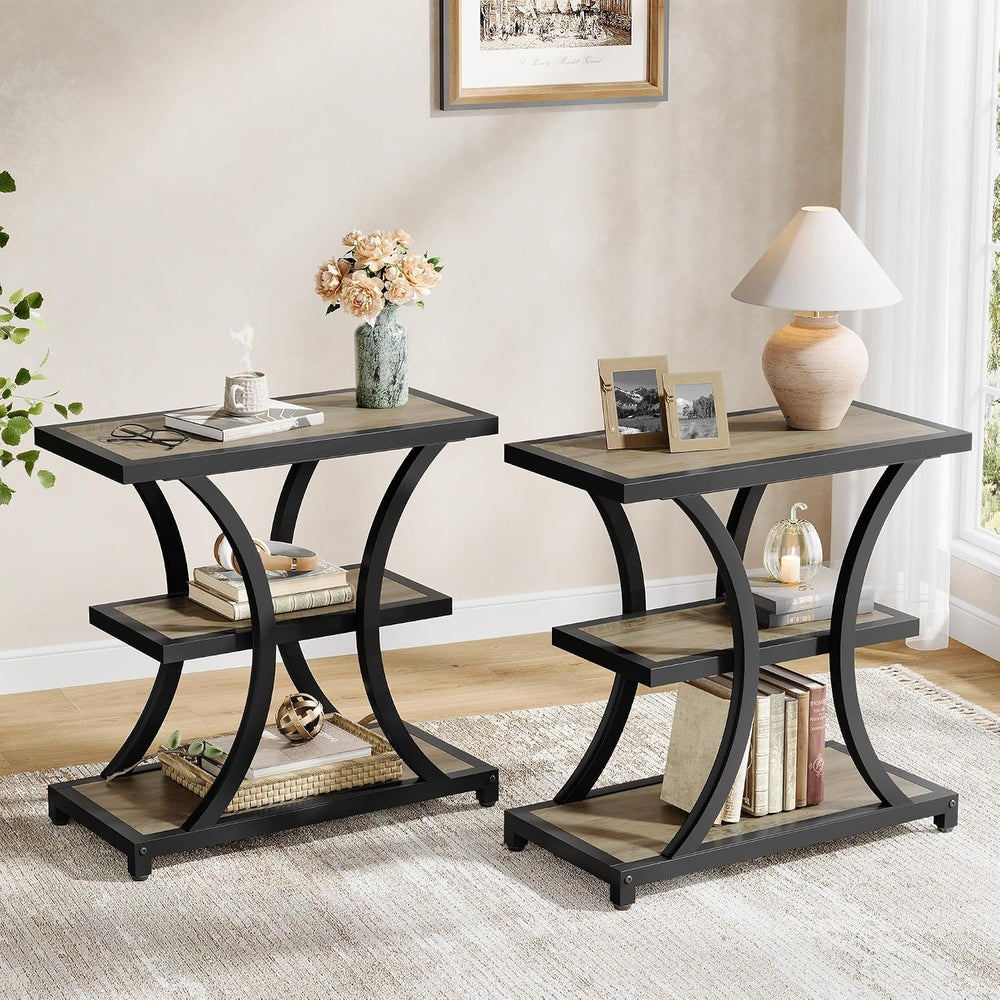 Tribesigns End Table with Storage, 3-Tier Side Table with Geometric Metal Des...
