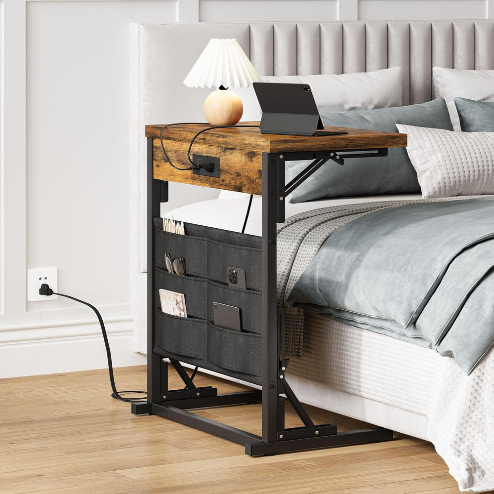 Foldable C-Shaped Table with Charging Station, Folding TV Tray End Table for ...