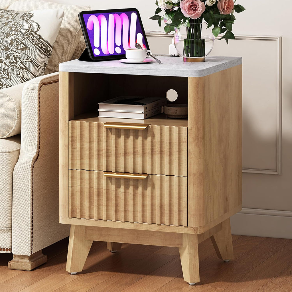 AMERLIFE Fluted Nightstand with Charging Station and Faux Marble Top, 18" Modern Bedside Table with 2 Drawers and Metal Handle, Side Table for Bedroom, Living Room, Natural Oak