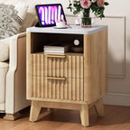 AMERLIFE Fluted Nightstand with Charging Station and Faux Marble Top, 18" Modern Bedside Table with 2 Drawers and Metal Handle, Side Table for Bedroom, Living Room, Natural Oak