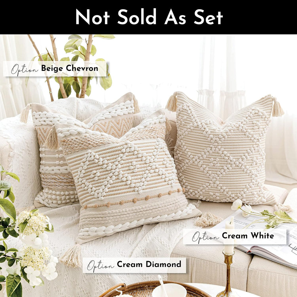 BlissBlush Cream White Boho Throw Pillow Cover 20X20, Boho Woven Textured Pil...