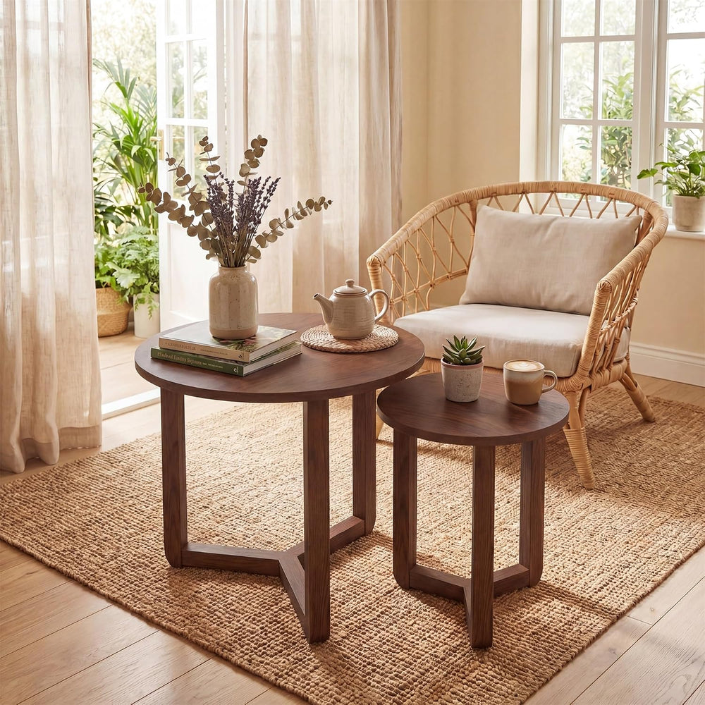 KOTEK Nesting Table Set of 2, Round Coffee Table for Living Room (Walnut) | M...