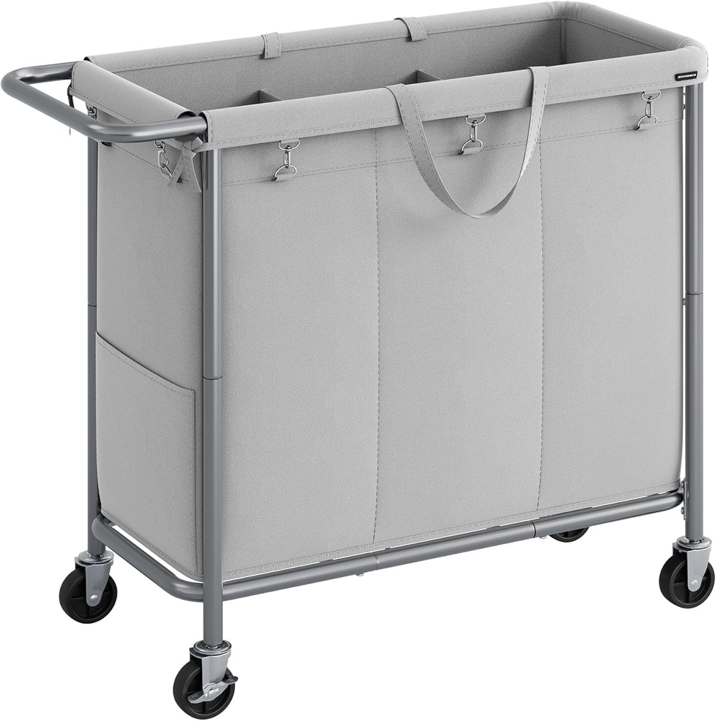 SONGMICS Laundry Basket with Wheels, 3-Section Rolling Laundry Hamper, 52.8 Gallons (200 L), Removable Liner, Steel Frame with Handle, 35.8 x 15.4 x 31.9 Inches, Dove Gray URLS005G01