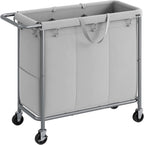 SONGMICS Laundry Basket with Wheels, 3-Section Rolling Laundry Hamper, 52.8 Gallons (200 L), Removable Liner, Steel Frame with Handle, 35.8 x 15.4 x 31.9 Inches, Dove Gray URLS005G01