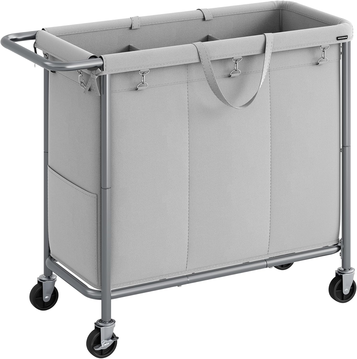 SONGMICS Laundry Basket with Wheels, 3-Section Rolling Laundry Hamper, 52.8 Gallons (200 L), Removable Liner, Steel Frame with Handle, 35.8 x 15.4 x 31.9 Inches, Dove Gray URLS005G01