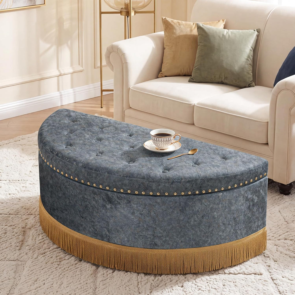 Homebeez 43.3" Half Moon Ottoman, Velvet Tufted Upholstered Footstool, with Nailhead Trim & Bullion Fringe, Decorative Accent Seating for Living Room, Bedroom, Entryway, Vanity, Vintage Furniture