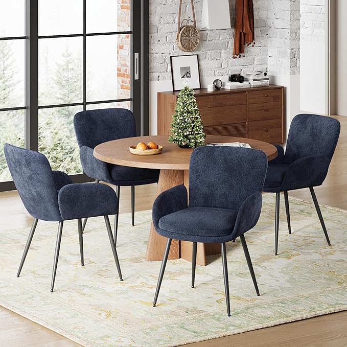 VKNOW Modern Dining Chairs Set of 4, Upholstered Dining Room Chair with Armrest, Kitchen Chairs with Curved Ergonomics Backrest for Living Room, Dining Room, Kitchen, Navy Blue