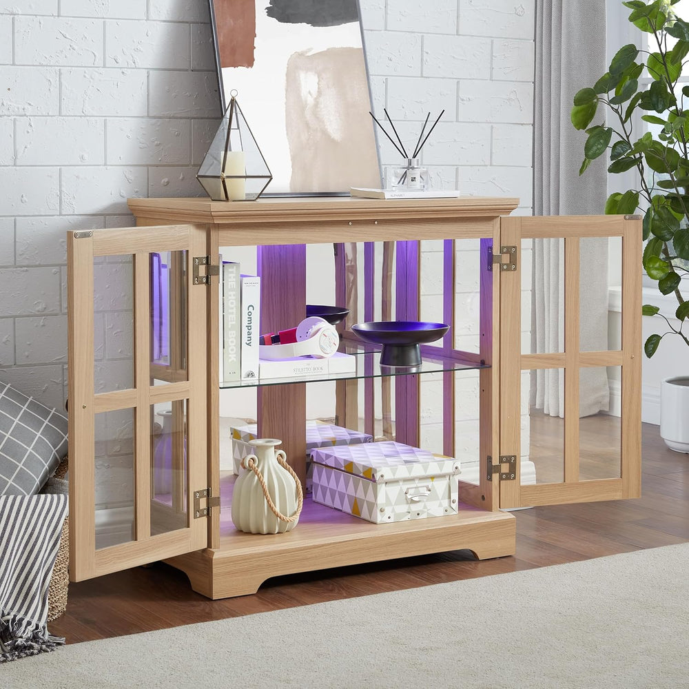 Small Curio Cabinet with Glass Doors and LED Lights, 30.32” W Black Wood Disp...